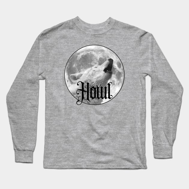 Howl, Moon With Wolf Howling Long Sleeve T-Shirt by KimbrellDesigns